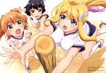  :d absurdres alternate_hairstyle arisugawa_reiko black_hair blonde_hair blue_eyes brown_eyes buruma green_eyes gym_uniform hair_ribbon headband highres hirata_kazuya jinryou_karen kneehighs multiple_girls official_art open_mouth orange_hair ore_ga_ojou-sama_gakkou_ni_&quot;shomin_sample&quot;_toshite_rachirareta_ken ponytail ribbon shoes smile sneakers sportswear tenkuubashi_aika two_side_up wavy_mouth white_legwear 