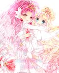  akagi_towa ayumaru_(art_of_life) blonde_hair blue_eyes bow character_name cure_flora cure_scarlet dress_up_premium_(go!_princess_precure) dress_up_royal_(go!_princess_precure) earrings go!_princess_precure haruno_haruka hug jewelry long_hair magical_girl multicolored_hair multiple_girls pink_hair pointy_ears precure red_bow red_eyes ringlets smile streaked_hair two-tone_hair white_bow 