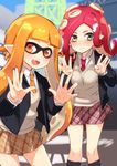  :d bangs blazer blush fang green_eyes hair_ornament hairclip hiraga_matsuri inkling jacket looking_at_viewer multiple_girls necktie octarian octoling open_mouth orange_eyes orange_hair pleated_skirt pointy_ears red_hair school_uniform skirt smile splatoon_(series) splatoon_1 sweatdrop takozonesu tentacle_hair 