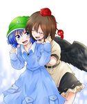  :d belt blue_eyes blue_hair brown_hair commentary dress hands_on_another's_shoulders hat kawashiro_nitori multiple_girls open_mouth shameimaru_aya short_hair skirt smile touhou two_side_up unya wings yuri 