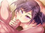  1girl :&gt;= censored face fellatio hetero looking_at_viewer mizuryuu_kei mosaic_censoring nude oral penis pov purple_eyes purple_hair short_hair short_twintails solo_focus souma_kurumi teisou_kannen_zero tsurime twintails 