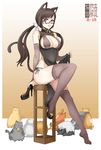  absurdres animal_ears bad_id bad_pixiv_id breasts brown_eyes brown_hair cat cat_ears covered_nipples glasses highres large_breasts long_hair looking_at_viewer shoes single_shoe solo steamed_egg twintails 