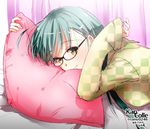  aqua_hair bespectacled black-framed_eyewear checkered checkered_shirt copyright_name dated glasses kantai_collection kimura_shiki long_hair looking_at_viewer lying on_bed on_stomach pajamas pillow shirt sleeves_past_wrists smile solo suzuya_(kantai_collection) twitter_username unmoving_pattern upper_body yellow_eyes 