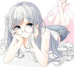  aspara bad_id bad_pixiv_id bandaid bandaid_on_arm bangs barefoot blurry depth_of_field full_body glasses grey_hair hands_on_own_face head_rest legs_up long_hair looking_at_viewer lying on_stomach original pillow round_eyewear shorts silver_eyes silver_hair sleeveless solo swept_bangs the_pose 