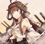  2015 ahoge bare_shoulders black_eyes brown_hair cannon cracking_knuckles dated grin hair_bun hair_rings japanese_clothes kantai_collection kongou_(kantai_collection) long_hair looking_at_viewer naughty_face parted_lips purple_eyes ribbon-trimmed_sleeves ribbon_trim sketch smile solo tomozo_kaoru twitter_username upper_body 