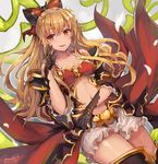  :d black_gloves blonde_hair breasts cleavage gloves granblue_fantasy hair_ornament long_hair midriff momoko_(momopoco) navel open_mouth orange_eyes small_breasts smile solo teeth thighhighs vira_lilie 