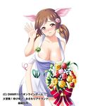  animal_ears apron bad_id bad_pixiv_id badge bouquet brown_eyes button_badge copyright_name daibouken!_yukeyuke_osawari_island flower kuzomochi naked_apron official_art pig_ears pig_nose pig_tail scissors short_twintails solo tail tears twintails 