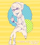  :&gt; bad_id bad_twitter_id beanie cup domino_mask hat inkling mask partially_colored pointy_ears polka_dot seisyunoden simple_background sitting solo splatoon_(series) splatoon_1 striped striped_background tentacle_hair yellow_background 