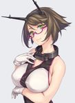  beige_background breasts brown_hair cleavage covered_nipples glasses gloves green_eyes hand_on_own_chest headgear kantai_collection large_breasts looking_at_viewer mutsu_(kantai_collection) rokuwata_tomoe short_hair simple_background smile solo white_gloves 