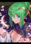  aqua_eyes armor artemis_(p&amp;d) bare_shoulders blush breasts circlet cleavage green_hair hair_ornament jewelry jyon large_breasts letterboxed long_hair looking_at_viewer petals ponytail puzzle_&amp;_dragons smile solo 