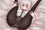  alternate_color alternate_hair_color awai_shiro bad_id bad_pixiv_id blush crotch hinanawi_tenshi knees_on_chest leg_hold legs_up long_hair looking_at_viewer lying m.u.g.e.n no_pants on_back open_mouth panties panties_under_pantyhose pantyhose red_eyes shirt silver_hair solo spread_legs thighband_pantyhose touhou underwear very_long_hair 