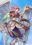  :o armor belt blue_eyes breastplate cape elbow_gloves fire_emblem fire_emblem:_akatsuki_no_megami fire_emblem:_souen_no_kiseki gloves horse mai_yukari marcia open_mouth pegasus pegasus_knight pink_hair polearm short_hair solo spear weapon 