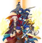  4boys armor bad_id bad_pixiv_id blue_eyes blue_hair cape dual_persona electricity falchion_(fire_emblem) female_my_unit_(fire_emblem:_kakusei) fingerless_gloves fire_emblem fire_emblem:_akatsuki_no_megami fire_emblem:_kakusei fire_emblem:_monshou_no_nazo fire_emblem:_souen_no_kiseki gloves hanasaki_komugi headband highres ike krom long_hair lucina male_my_unit_(fire_emblem:_kakusei) marth multiple_boys multiple_girls my_unit_(fire_emblem:_kakusei) open_mouth ragnell red_eyes reverse_grip robe serious super_smash_bros. sword tiara twintails weapon white_hair 