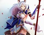  animal_ears armor armored_dress braid breasts brown_eyes cat_ears cleavage cowboy_shot dress erune granblue_fantasy hair_tubes hairband heles holding holding_weapon large_breasts long_hair looking_to_the_side parted_lips petals polearm short_dress silver_hair single_braid solo spear tanshi_(tansy520) thighhighs very_long_hair weapon white_dress 