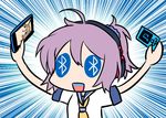  annotated aoba_(kantai_collection) arms_up blew_andwhite blue_eyes bluetooth cellphone colored_teeth commentary digital_media_player headphones kantai_collection mutsu_(kantai_collection) mutsu_(snail) phone pun smartphone symbol-shaped_pupils teeth too_literal 