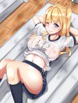  absurdres black_legwear blonde_hair blue_eyes blush breasts clenched_teeth commentary_request covered_nipples cum gym_shorts gym_uniform highres kneehighs kusahagane large_breasts long_hair lying mat navel on_back one_eye_closed original parted_lips see-through shorts side_ponytail solo sweat teeth 
