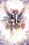  angel_wings bad_id bad_twitter_id bike_shorts brown_eyes brown_hair character_request commentary_request copyright_request dress feathered_wings flower full_body hands_on_own_knees korean long_hair morning_glory petals ser323 sitting solo tree very_long_hair white_dress wings 