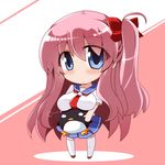  bird blue_eyes blush bow breast_rest breasts chibi commentary_request etopen haramura_nodoka kiyosumi_school_uniform large_breasts long_hair penguin pink_hair ribbon saki school_uniform serafuku shirogane_(platinum) solo stuffed_animal stuffed_toy thighhighs twintails 