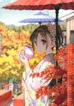  2015 absurdres autumn autumn_leaves ball bangs blurry brown_hair butterfly_hair_ornament calendar_(medium) day depth_of_field fingernails floral_print flower from_side hair_flower hair_ornament highres japanese_clothes kantoku kimono long_fingernails looking_at_viewer maple_tree non-web_source november oriental_umbrella original paper_balloon parasol ponytail purple_eyes scan shade sky smile solo temari_ball tree umbrella 