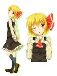  :p arms_behind_back blonde_hair frilled_skirt frills hair_ribbon highres moon_phases red_eyes ribbed_shirt ribbon rody_(hayama_yuu) rumia shirt short_hair skirt tongue tongue_out touhou vest 