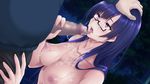  1girl after_fellatio breasts censored clothed_male_nude_female cum cum_in_mouth cum_on_body cum_on_breasts cum_on_glasses cum_on_upper_body eigyoubu_dai_4-ka_mesubuta_choukyou_shiikukakari facial game_cg glasses hand_on_another's_head hetero kanzaki_kanako large_breasts long_hair monpuchi mosaic_censoring nude open_fly open_mouth penis purple_eyes purple_hair semi-rimless_eyewear solo_focus tongue tongue_out under-rim_eyewear 