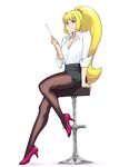  alternate_costume bespectacled blonde_hair blush glasses gundam gundam_tekketsu_no_orphans high_heels kudelia_aina_bernstein long_hair pantyhose pointer ponytail pumps shiny shiny_clothes shiny_hair sitting skirt smile solo stool teacher ueyama_michirou 