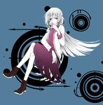 cross-laced_footwear invisible_chair jacket kishin_sagume long_sleeves looking_at_viewer red_eyes shirt shoes single_wing sitting skirt solo tadano_kagekichi touhou white_hair wings 