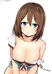  akky_(akimi1127) bare_shoulders blue_eyes breasts brown_hair cleavage dated embarrassed highres kantai_collection large_breasts maya_(kantai_collection) off_shoulder short_hair simple_background solo translation_request twitter_username wavy_mouth white_background 