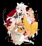  androgynous animal_ears bishounen circle flower flower_knot fox_boy fox_ears full_body highres japanese_clothes kogitsunemaru long_hair male_focus petals red_eyes sandals solo sorachin sword tassel touken_ranbu twitter_username very_long_hair weapon white_hair 