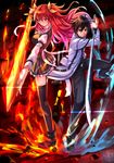  1girl back-to-back black_legwear bow brown_hair fighting_stance hair_bow highres holding holding_sword holding_weapon katana kurogane_ikki long_hair long_sword rakudai_kishi_no_cavalry red_eyes red_hair school_uniform stella_vermillion sword swordsouls thighhighs weapon 