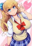  announcement_celebration blonde_hair blue_eyes breasts galko highres large_breasts long_hair looking_at_viewer md5_mismatch oshiete!_galko-chan plaid plaid_skirt ponpo raised_eyebrows scrunchie skirt smile solo wrist_scrunchie 