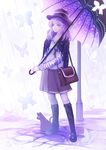  absurdres bag belt_boots black_footwear blue_eyes boots bug butterfly cat eyebrows eyebrows_visible_through_hair handbag hat highres insect jewelry knee_boots lamppost looking_to_the_side mr._j.w necklace original over_shoulder parasol princess purple purple_hair purple_skirt rain shawl skirt smile solo star striped_sleeves umbrella 