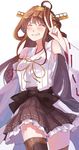  ahoge brown_hair grin hairband headgear japanese_clothes jewelry kantai_collection kongou_(kantai_collection) li_luo long_hair nontraditional_miko ring smile solo thighhighs v wedding_band zettai_ryouiki 