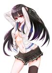  absurdres black_hair breasts highres isokaze_(kantai_collection) kantai_collection long_hair looking_at_viewer medium_breasts mizuiro_raika mouth_hold no_panties open_clothes open_shirt red_eyes ribbon school_uniform serafuku shirt single_thighhigh skirt solo thighhighs 