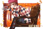  :d argyle argyle_legwear argyle_sweater autumn autumn_leaves bench blush book border brown_eyes brown_hair cup from_side hat head_rest highres holding holding_book legwear_under_shorts long_sleeves looking_at_viewer open_mouth original outdoors pantyhose pantyhose_under_shorts shiime short_hair shorts sitting smile solo steam sweater text_focus tree 