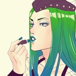  blue_eyes blue_lipstick green_hair hat jojo_no_kimyou_na_bouken lipstick lipstick_mark long_hair lowres makeup moonzetter narciso_anasui solo 