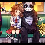  ahoge animal_costume bag blush brown_hair bus closed_eyes gap glasses ground_vehicle leaning_on_person motor_vehicle neckerchief panda_costume pote_(ptkan) red-framed_eyewear school_bag school_uniform serafuku shirt sitting skirt sleeping sunset touhou train_interior usami_sumireko vest 