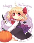  absurdres bat_wings blonde_hair dress end_tieno fang_out frilled_dress frills hair_ribbon halloween happy_halloween highres knife pumpkin red_eyes ribbon rumia shirt short_hair smile solo touhou wings 