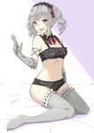  aemu_(august_life) bikini breasts condom drill_hair elbow_gloves gloves highres idolmaster idolmaster_cinderella_girls kanzaki_ranko long_hair medium_breasts open_mouth red_eyes silver_hair smile solo swimsuit thighhighs twin_drills twintails 