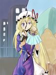  blonde_hair book building dress dual_persona fan folding_fan gap hat long_hair maribel_hearn mountain multiple_girls notebook purple_eyes shamisen_(syami_sen) smile split_theme touhou tree very_long_hair yakumo_yukari 