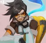  ass banned_artist bodysuit brown_hair gloves goggles hand_on_own_chin leaning_forward lips looking_to_the_side orange_bodysuit overwatch paul_kwon short_hair smile solo spiked_hair tracer_(overwatch) waifu2x watermark 