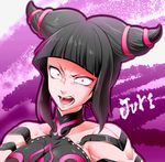  bad_id bad_pixiv_id bangs black_hair blunt_bangs breasts character_name constricted_pupils drill_hair dudou halter_top halterneck han_juri looking_at_viewer marimo_(yousei_ranbu) medium_breasts muscle open_mouth purple_eyes short_hair solo street_fighter street_fighter_iv_(series) twin_drills upper_body 