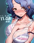  between_breasts bikini bikini_under_clothes blue_hair blush breasts cleavage hand_between_breasts highres idolmaster idolmaster_million_live! large_breasts looking_at_viewer miyaji see-through short_hair solo strap_slip swimsuit swimsuit_under_clothes tank_top toyokawa_fuuka upper_body wet wet_clothes 