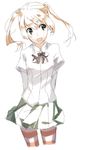  :d arms_behind_back brown_hair green_eyes hair_bobbles hair_ornament ibarazaki_emi juliet_sleeves katawa_shoujo long_sleeves open_mouth puffy_sleeves school_uniform simple_background sketch skirt smile solo striped striped_legwear thighhighs twintails weee_(raemz) white_background 