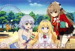  3girls absurdres aiguillette amagi_brilliant_park antenna_hair blonde_hair blue_eyes blush breasts brown_eyes brown_hair ferris_wheel hat highres kanie_seiya latifa_fleuranza long_hair medium_breasts moffle multiple_girls muse_(amaburi) official_art ponytail sento_isuzu short_hair smile watering_can wavy_hair 