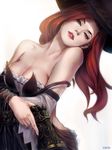  absurdres bare_shoulders blue_eyes breasts cleavage destincelly gun hat highres large_breasts league_of_legends long_hair realistic red_hair sarah_fortune smile solo weapon 