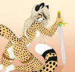  2018 5_fingers anthro anus black_nose breasts cheetah digital_media_(artwork) feline female here-kitty--kitty holding_object holding_weapon mammal melee_weapon nipples pussy simple_background smile solo sword weapon 