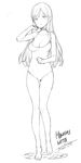  blush breasts choker earrings full_body greyscale idolmaster idolmaster_cinderella_girls jewelry large_breasts long_hair looking_at_viewer monochrome nitta_minami one-piece_swimsuit ooyari_ashito open_mouth sketch solo swimsuit 