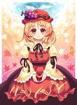  aki_minoriko apple apron arm_ribbon autumn autumn_leaves bad_id bad_pixiv_id black_skirt blonde_hair blue_sky cloud day douji floral_print food frilled_shirt_collar frilled_sleeves frills fruit grapes hat hat_ornament holding holding_food holding_fruit long_skirt long_sleeves looking_at_viewer red_eyes ribbon ripples short_hair skirt sky smile solo touhou water wide_sleeves 