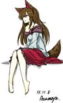  animal_ears azumaya_toushirou breasts brooch brown_hair dated dress highres imaizumi_kagerou jewelry long_hair long_sleeves medium_breasts off_shoulder open_mouth red_eyes signature simple_background sitting solo tail touhou white_background wolf_ears wolf_tail 